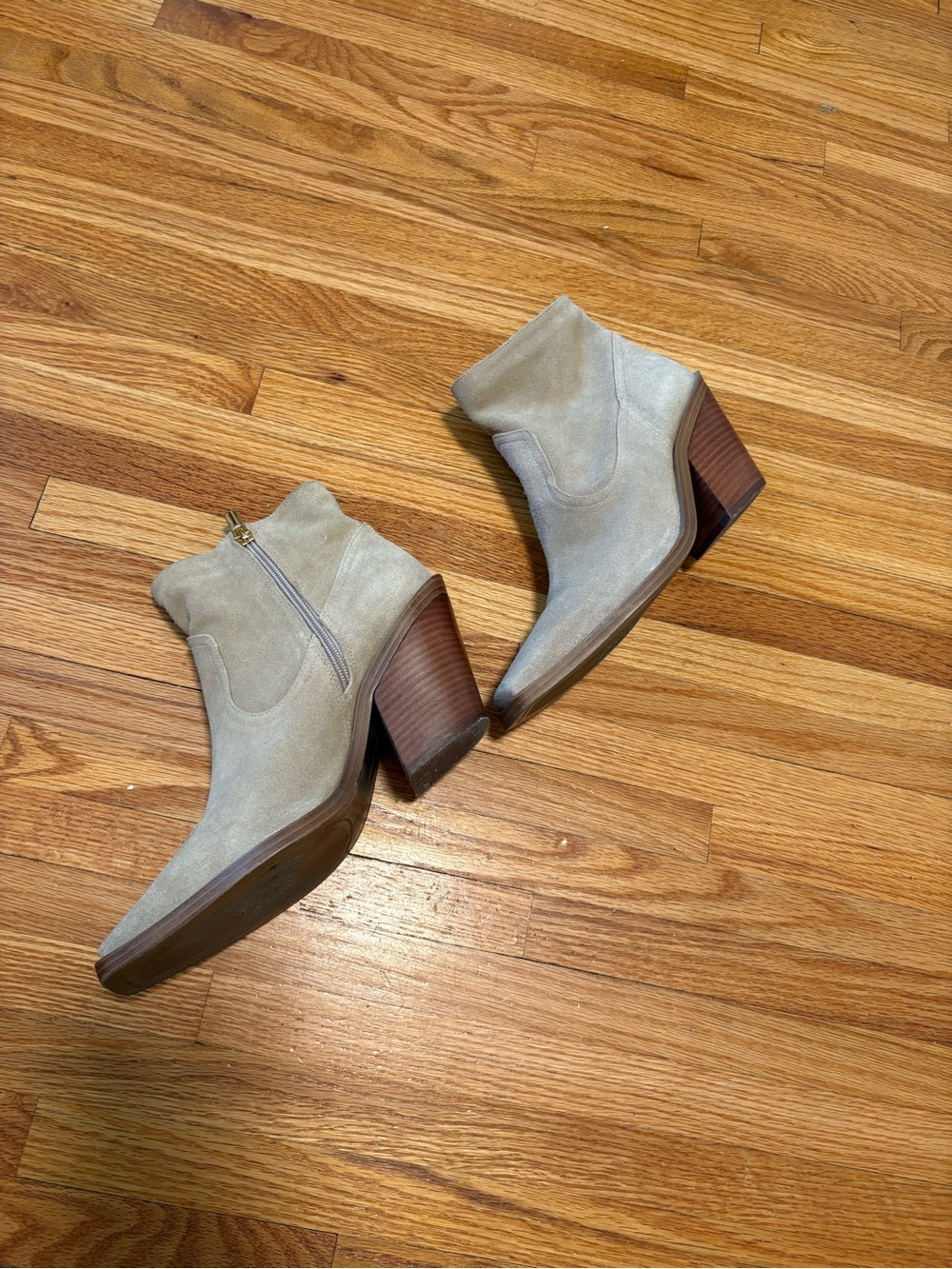 Vince Camuto Light Taupe Suede Ankle Booties with Stacked Heel
